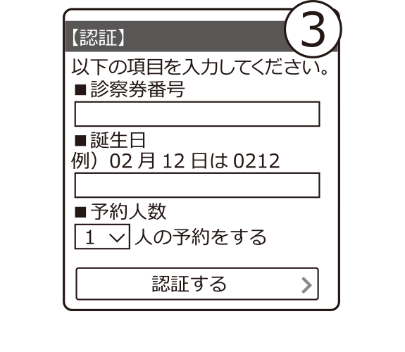 ③【認証】画面で、受診される方の「診察券番号」と「お誕生日4ケタ」を入力して認証するを押してください。